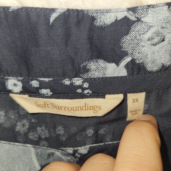 Soft Surroundings Blue Tuberosa Floral Blouse Roll Tab Sleeve Top Size 3X Plus - Picture 2 of 9